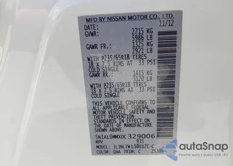 2013 Infiniti Jx35 из США, поврежденный, VIN 5N1AL0MMXDC329006